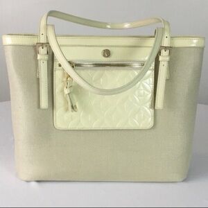 Spartina 449 Leather & Linen handbag Purse Tote Cream 15.25x11x5